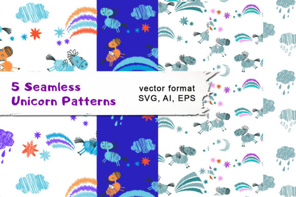5 Seamless Vector Patterns with Unicorns