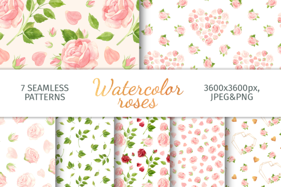 Watercolor Rose Seamless Patterns